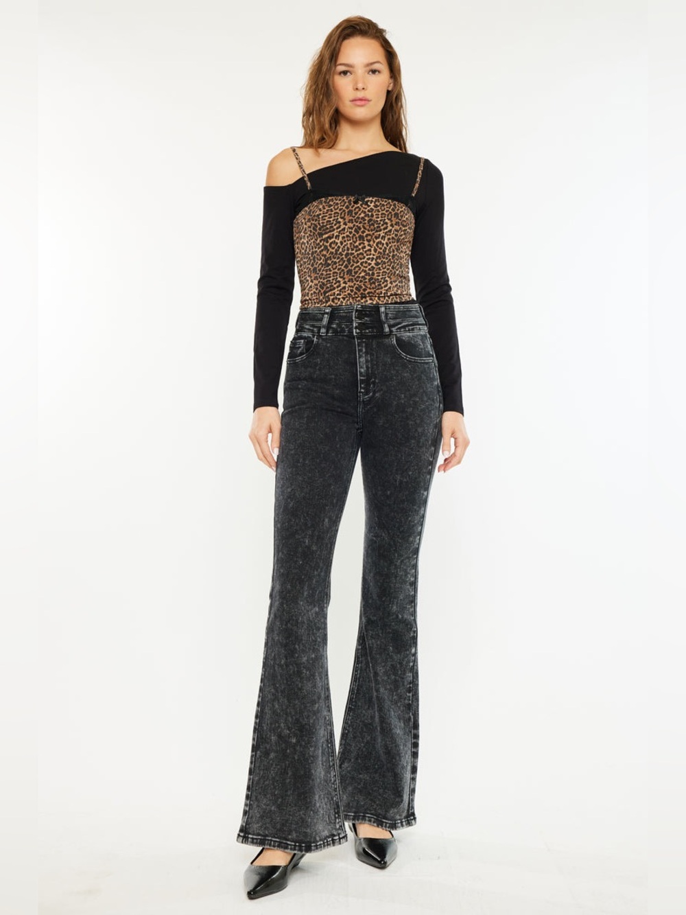 KanCan Amirah Ultra High-Rise Black Acid Wash Stretch Flared Jeans Size 16